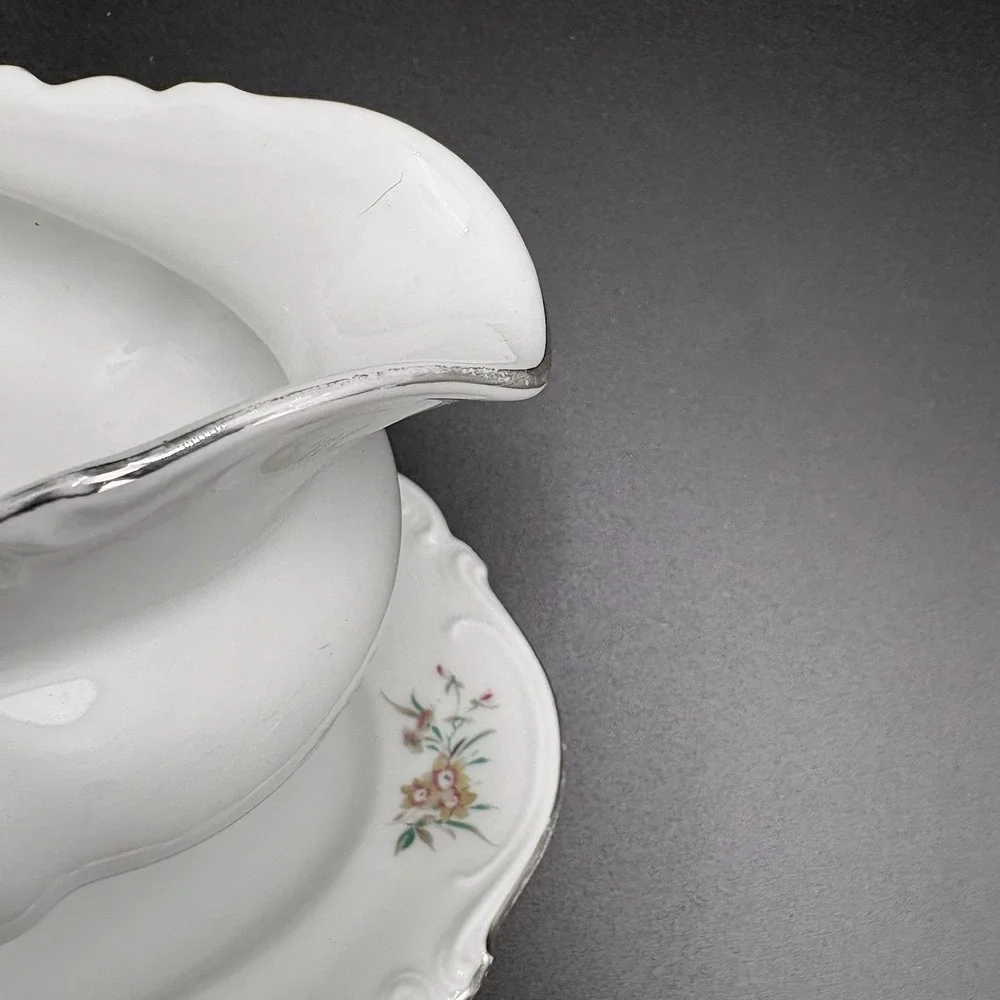 Crown Bavaria Germany Gravy Boat  Bowl Attached Platter Ladle Bouquet Floral Vtg